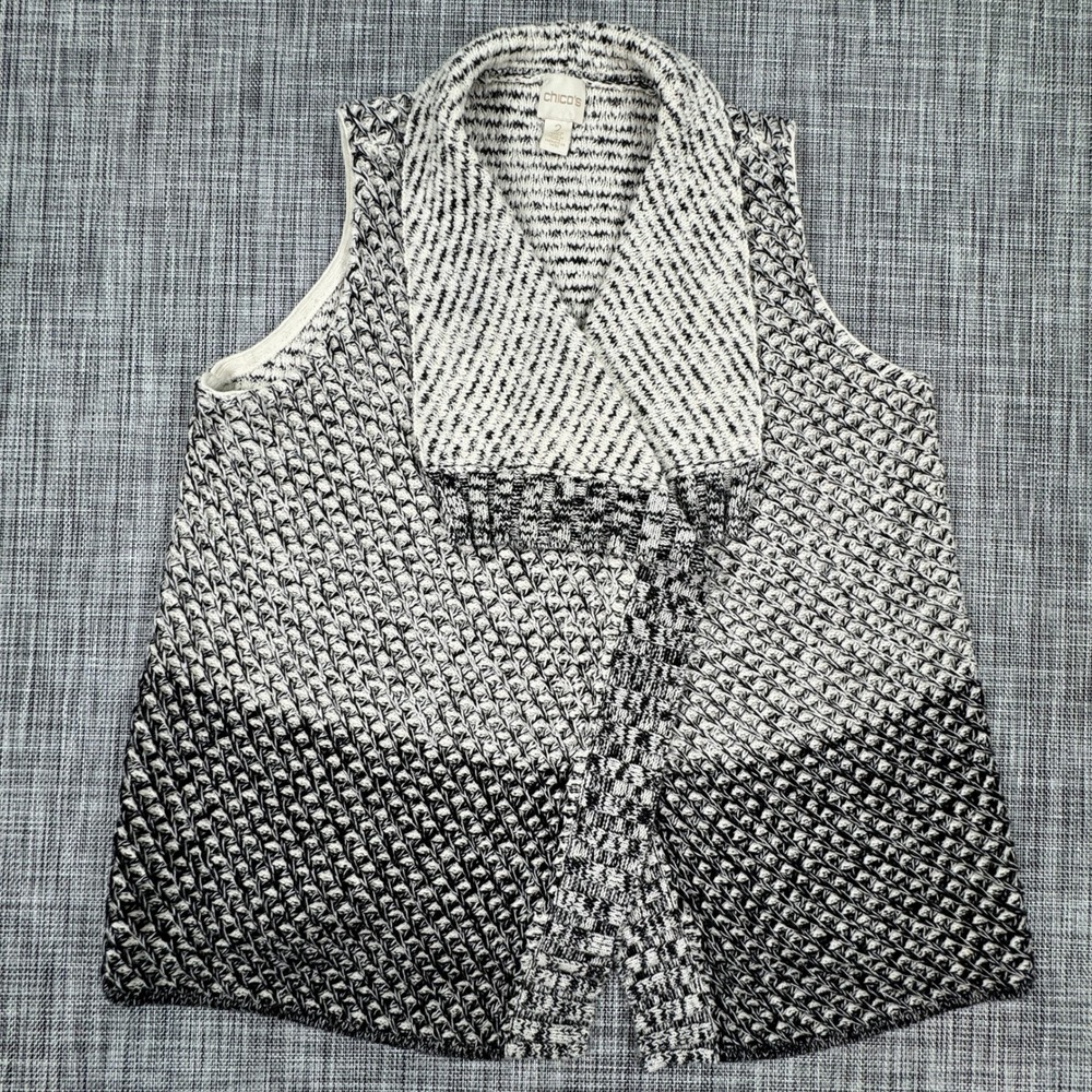 Chico's Women's Open Front Knit Sweater Vest Black White Ombre Size 2 Large
